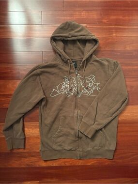 HUF Men L Brown Zip-Up Hoodie with Front Graffiti Graphic